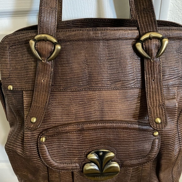 BARBARA MILANO Brown Large Lizard Embossed Leather Shoulder HandbagMade in Italy - Picture 6 of 15